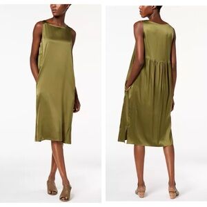Eileen Fisher olive bateau neck calf length stretch silk dress NWT size xxs